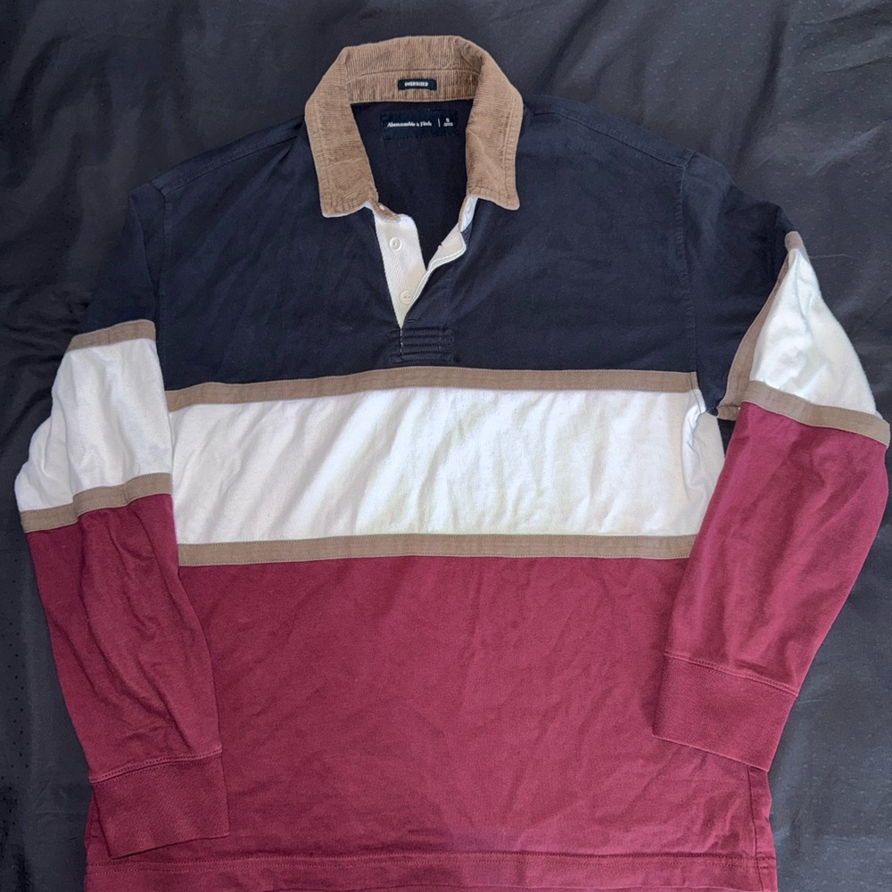 Abercrombie & Fitch Burgundy, Navy, White & Tan Colorblock Rugby Shirt